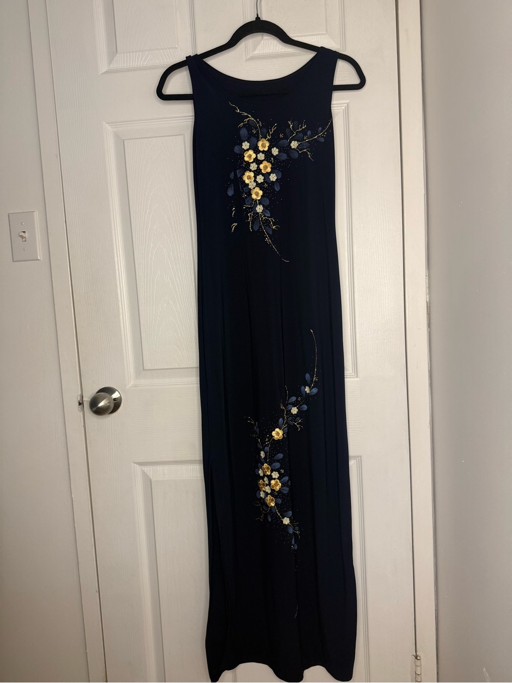 Vintage Navy Maxi Dress with Yellow & Blue Floral Embroidery